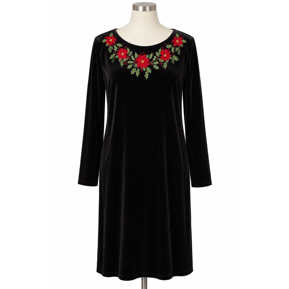Quacker Factory Velvet Dress Poinsettia Embroidered Neckline Rhinestone Holidays